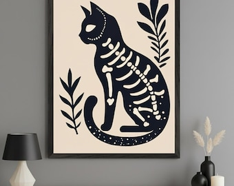 Skeleton Cat Minimalist Wall Art, Gothic Halloween Decor, Folk Art Cat Illustration, Spooky Botanical Print, Linocut Style Black Cat Art