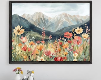 Alpine Mountains Impressionist Style Wall Art, Wildflower Meadow Print, Colorful Floral Decor, Scenic Nature Poster, Mountain Landscape Art