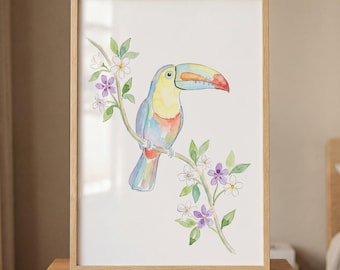 Floral Branch Toucan Wall Art, tropical bird watercolor style, nursery jungle decor, whimsical animal illustration, botanical bird art