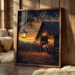 Horse Barn Rustic Twilight Wall Art, Farmhouse Sunset Decor, Country Landscape Print, Equestrian Lantern Illustration, Horse Stable Art
