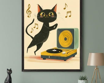 Black Cat Retro Vinyl Player Wall Art, Music Lover Room Decor, Whimsical Kitten Art, Mid Century Modern Print, Record Player Poster
