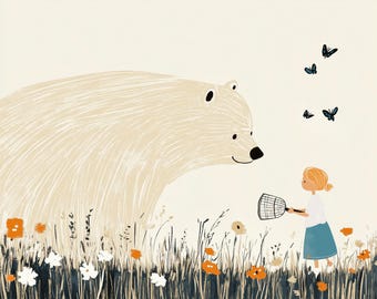 熊の絵　春夏秋冬 Polar Bear Whimsical Illustration Wall Art, Nursery Animal Decor