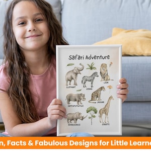 Safari Lernposter, Safari Raumdekoration, Safari Tiere Wandbild, Homeschooling Poster, Montessori Dschungel Safari Poster