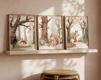 Woodland Animal Nursery Wall Art, Watercolor Forest Prints, Fox Hedgehog Squirrel Art, Blossom Tree Decor, Set of 3, 3 Piece Wall Art