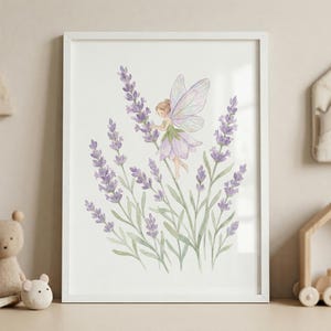 Watercolor Lavender Flower Fairy Wall Art, whimsical nursery decor, cottagecore pixie illustration, enchanted forest art, lavender decor