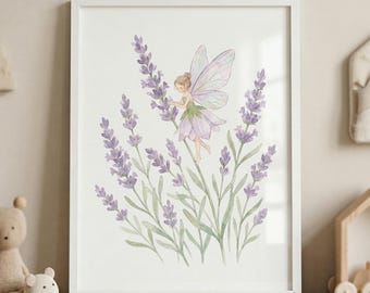 Watercolor Lavender Flower Fairy Wall Art, whimsical nursery decor, cottagecore pixie illustration, enchanted forest art, lavender decor