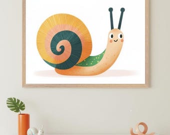 Cute Snail Whimsical Digital Illustration Wall Art, Colorful Shell Nursery Decor, Garden Creature Kids Room Poster, Cottagecore Nature Print