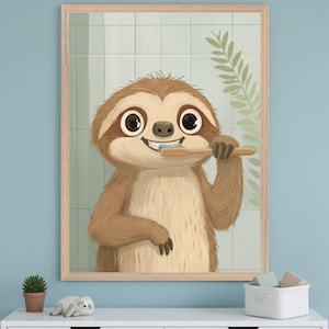 Baby Sloth Brushing Teeth Wall Art, Kids Bathroom Decor, Nursery Sloth Decor, Sloth Bathroom Illustration, Toothbrushing Routine Art