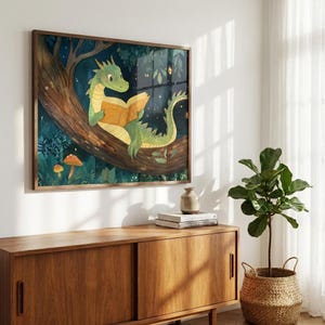 Dragon Nursery Art, Reading Book Print, Whimsical Nursery Decor, Enchanted Forest Illustration, Fairytale Storybook Poster image 4
