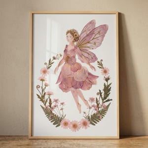 Whimsical Pink Petal Fairy Wall Art, Pressed Flower Style Pixie Print, Cottagecore Botanical Nursery Decor, Floral Nature Illustration