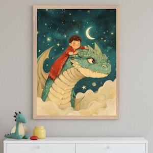 Teal Dragon and a Boy Whimsical Wall Art, Fantasy Nursery Decor, Night Sky Stars Decor, Magical Creature Print, Storybook Wall Decor