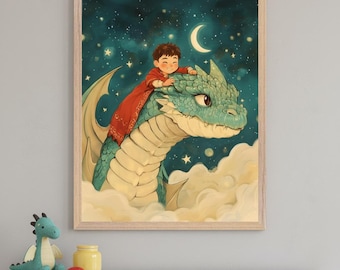 Teal Dragon and a Boy Whimsical Wall Art, Fantasy Nursery Decor, Night Sky Stars Decor, Magical Creature Print, Storybook Wall Decor