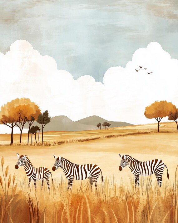 Zebra Savanna Nursery Wall Decor Art, African Safari Animal Print