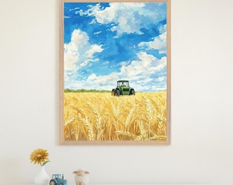 Green Tractor Golden Harvest Field Wall Art, Farm Landscape Illustration, Country Wheat Field Decor, Modern Farmhouse Nursery Print
