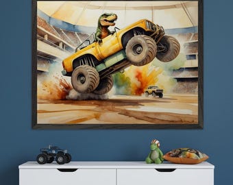 Dinosaur Monster Truck Watercolor Style Wall Art, Boys Room Decor