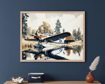 Vintage Seaplane Watercolor Style Wall Art, Retro Floatplane Aviation Decor, Lake House Cabin Illustration, Military Aircraft Print