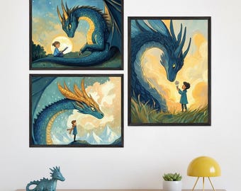 Fantasy Dragon Wall Art - Set of 3, Whimsical Nursery Decor, Blue Dragon Kids Room Art, Mythical Creature Prints, Dragon and Child Art