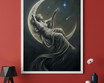 Crescent Moon Goddess Classical Mythological Wall Art, Selene Celestial Decor, Lunar Goddess Print, Ancient Greek Myth, Dark Academia Art