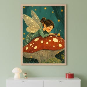 Woodland Fairy Whimsical Wall Art, Enchanted Forest Nursery Decor, Fairy Sleeping On Mushroom, Cottagecore Nature Art, Fantasy Pixie Print