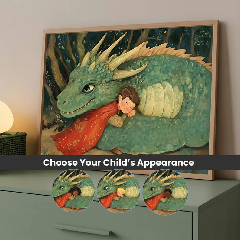 Nursery Wall Art of Dragon and Child, Kids Room Decor, Fantasy Forest Storybook Print, Mythical Creature Art image 3