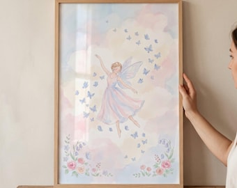 Blue Butterfly Fairy Wall Art, whimsical nursery decor, pastel watercolor illustration, cottagecore aesthetic print, ethereal sprite poster
