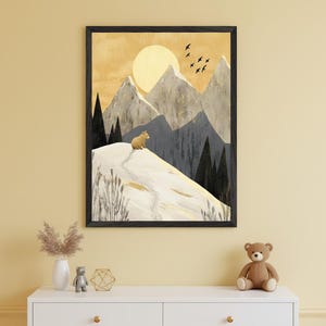 Bear Cub Minimalist Nursery Decor Wall Art, woodland mountain landscape, scandinavian baby room art, forest animal print, sun and moon art
