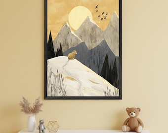 Bear Cub Minimalist Nursery Decor Wall Art, woodland mountain landscape, scandinavian baby room art, forest animal print, sun and moon art
