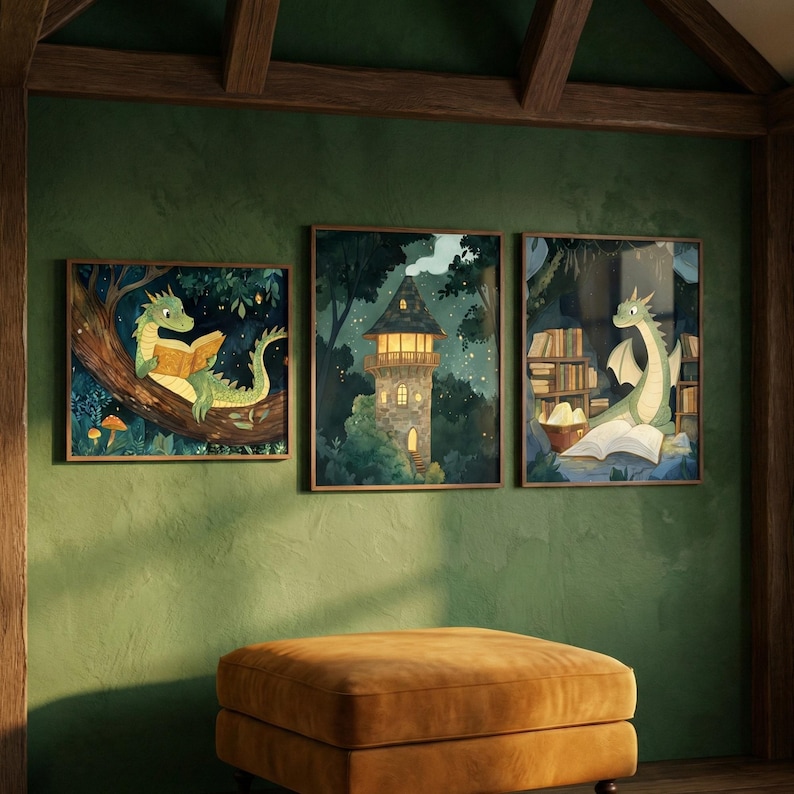 Nursery Wall Art, Reading Dragon, Whimsical Forest Decor, Magical Library Illustration, Storybook Dragon Prints, Set of 3 image 5