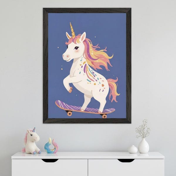 Skateboarding Unicorn Pastel Fantasy Wall Art, rainbow mane nursery decor, magical creature poster, whimsical illustration, girls room art