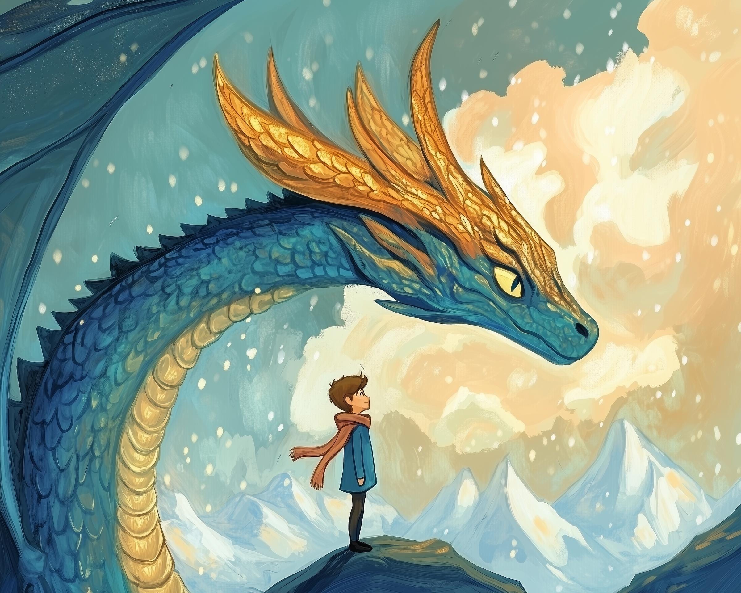 Majestic Dragon and Boy Wall Art, Fantasy Nursery Decor, Whimsical