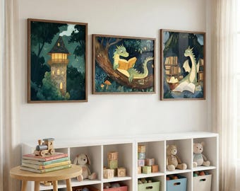 Nursery Wall Art, Reading Dragon, Whimsical Forest Decor, Magical Library Illustration, Storybook Dragon Prints, Set of 3