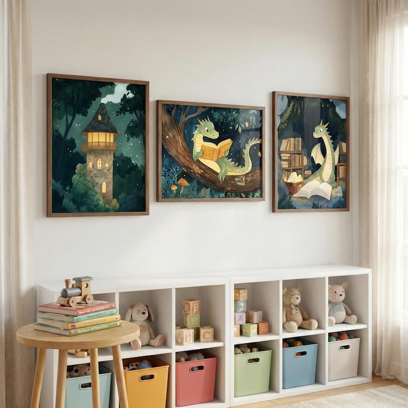 Nursery Wall Art, Reading Dragon, Whimsical Forest Decor, Magical Library Illustration, Storybook Dragon Prints, Set of 3 image 1