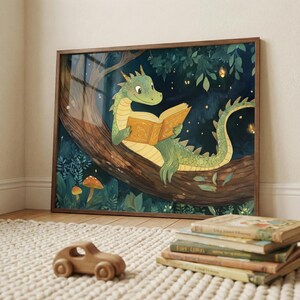 Dragon Nursery Art, Reading Book Print, Whimsical Nursery Decor, Enchanted Forest Illustration, Fairytale Storybook Poster image 5