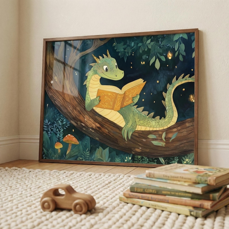 Dragon Nursery Art, Reading Book Print, Whimsical Nursery Decor, Enchanted Forest Illustration, Fairytale Storybook Poster image 5