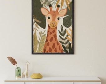Giraffe Nursery Wall Art, Safari Animal Print, Jungle Theme Baby Room Decor, Boho Kids Room Illustration, Neutral Earth Tone Nursery Art