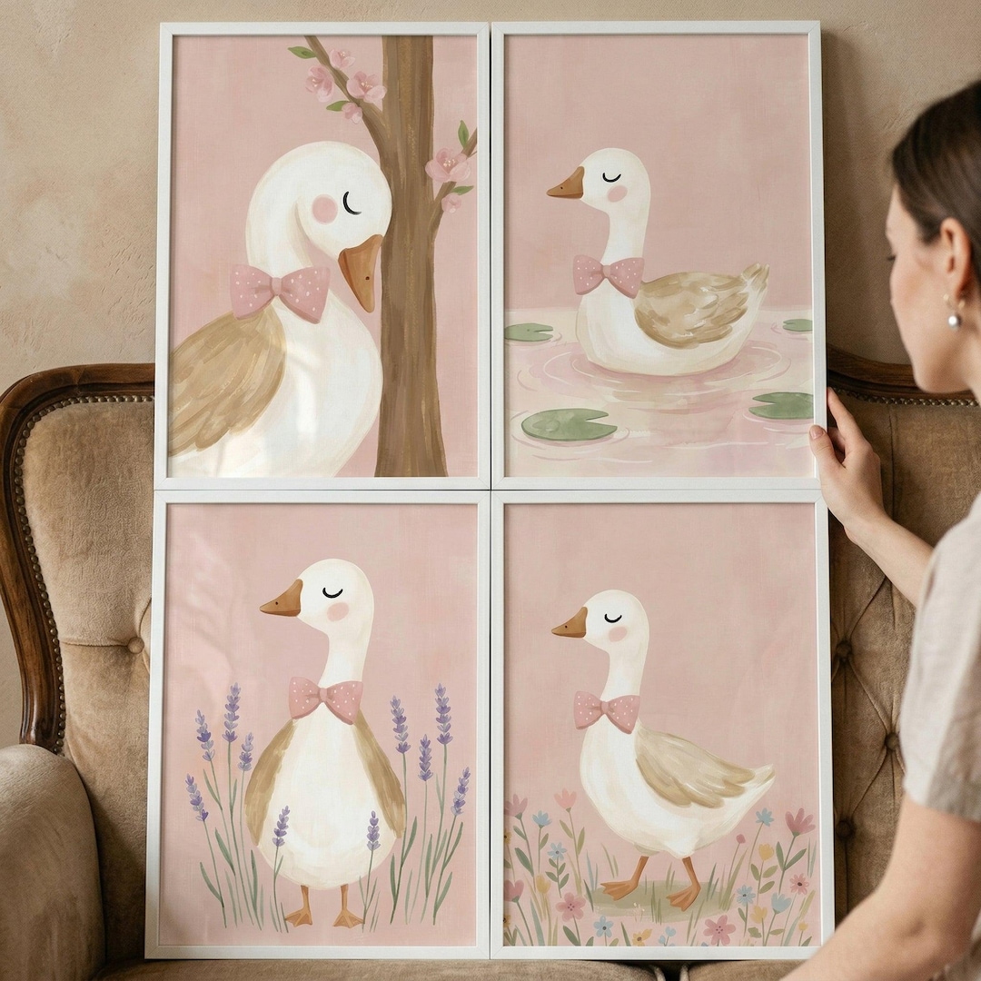 Polka Dot Bow Goose Wall Art Set of 4, Pink Nursery Decor, Watercolor ...
