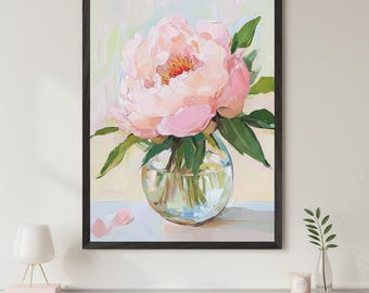 Peony Bouquet Impasto Style Wall Art, Floral Still Life Decor, Blush Peony Oil Texture Print, Cottagecore Bedroom Art, Peonies In Glass Vase