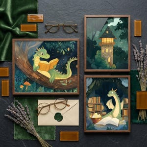 Nursery Wall Art, Reading Dragon, Whimsical Forest Decor, Magical Library Illustration, Storybook Dragon Prints, Set of 3 image 2