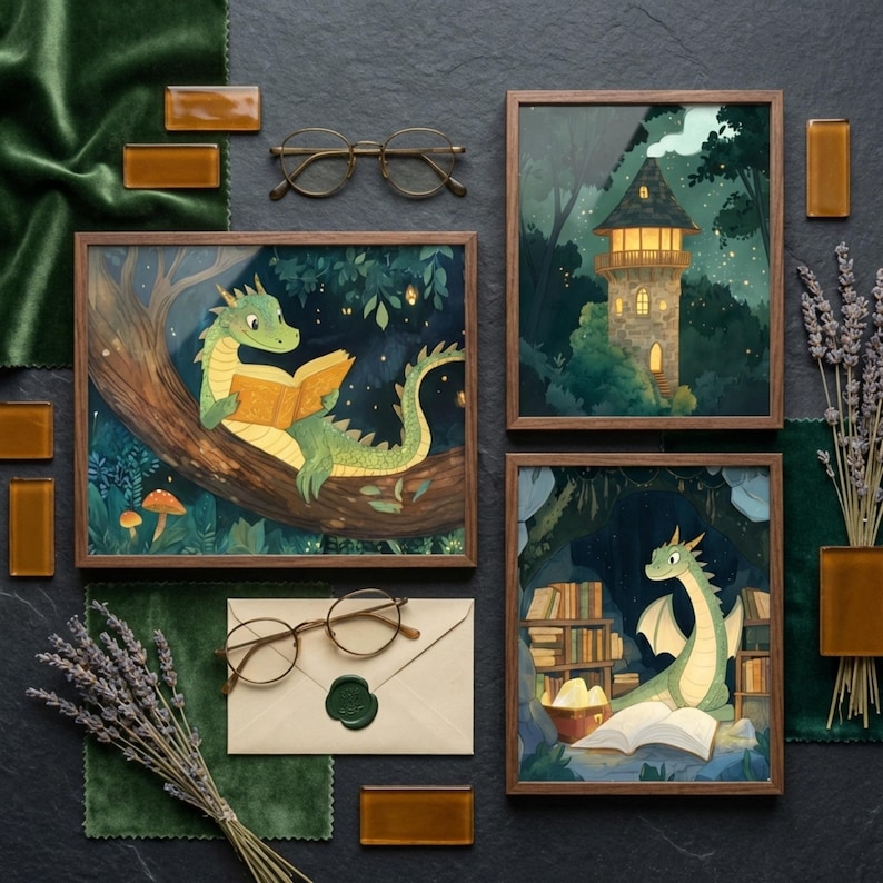 Nursery Wall Art, Reading Dragon, Whimsical Forest Decor, Magical Library Illustration, Storybook Dragon Prints, Set of 3 image 2