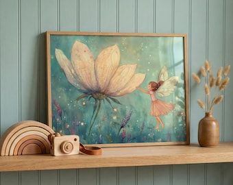 Fairy Girl Whimsical Wings Wall Art, Enchanted Flower Nursery Decor, Magical Garden Illustration, Pastel Sprite Print, Cottagecore Decor