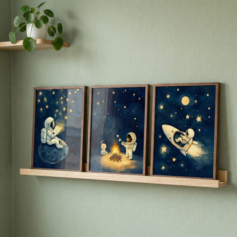 Astronaut Space Wall Art Set of 3, Whimsical Outer Space Nursery Decor ...