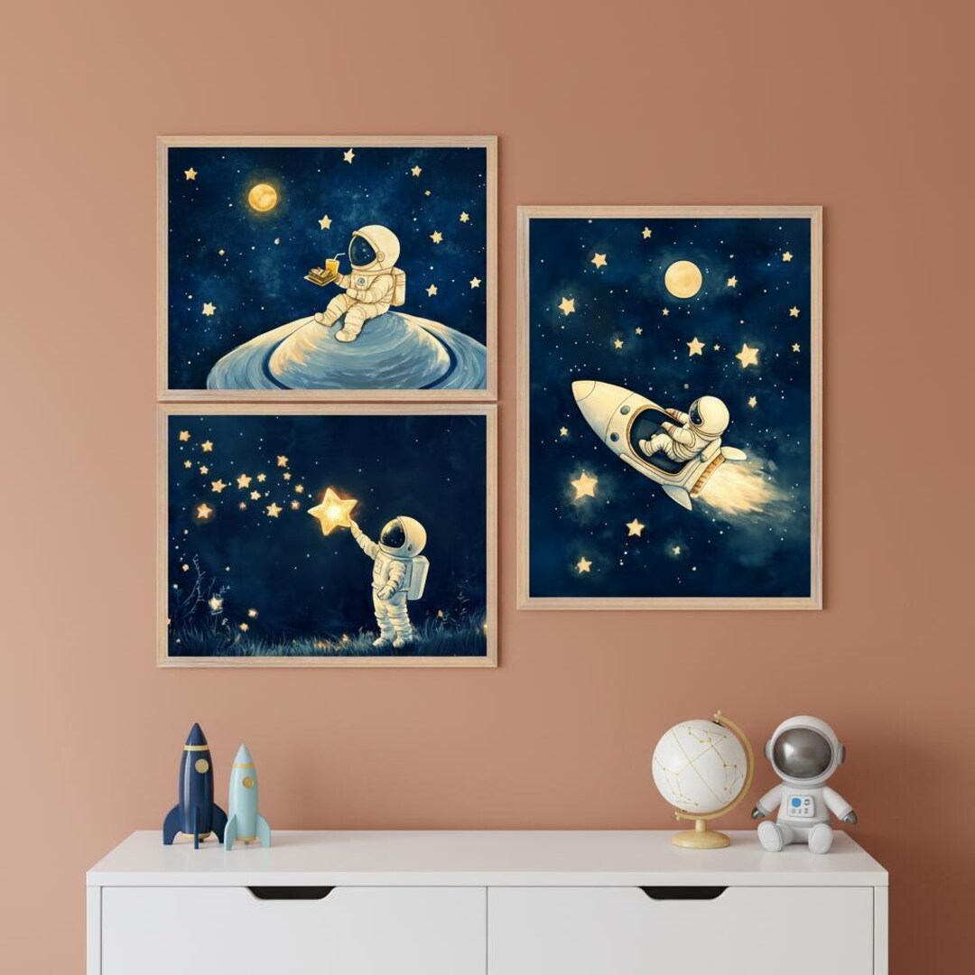 Astronaut Space Wall Art Set of 3, Nursery Outer Space Decor, Cosmic ...