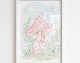 Pink Toadstool Fairy Wall Art, Whimsical Nursery Decor, Enchanted Forest Illustration, Watercolor Rabbit Print, Cottagecore Meadow Art