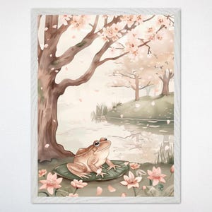 Whimsical Woodland Frog Wall Art - Spring Poster or Canvas, Charming Floral Nursery Decor for Gender-Neutral Kids Room, Blossoms & Whispers