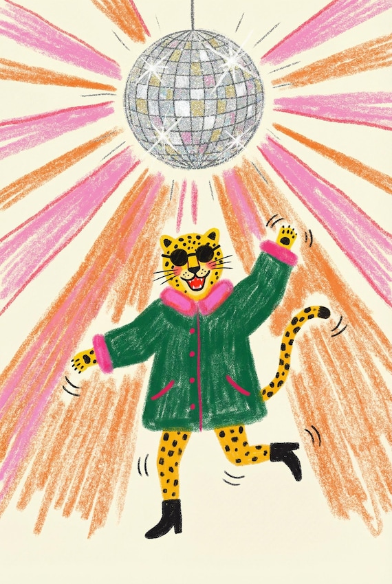 Retro Disco Ball Leopard Wall Art, Funky Dancing Cat Decor