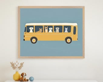 Dogs on Yellow Bus Nursery Wall Art, Puppy School Bus Print, Cute