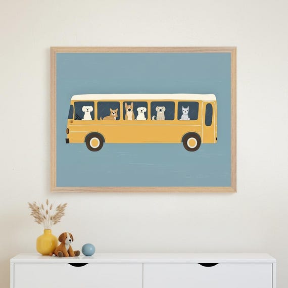 Dogs on Yellow Bus Nursery Wall Art, Puppy School Bus Print, Cute