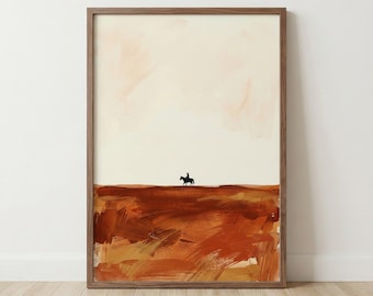 Cowboy Silhouette Minimalist Western Wall Art, Terracotta Desert Landscape Print, Modern Southwest Decor, Abstract Horse Rider Illustration