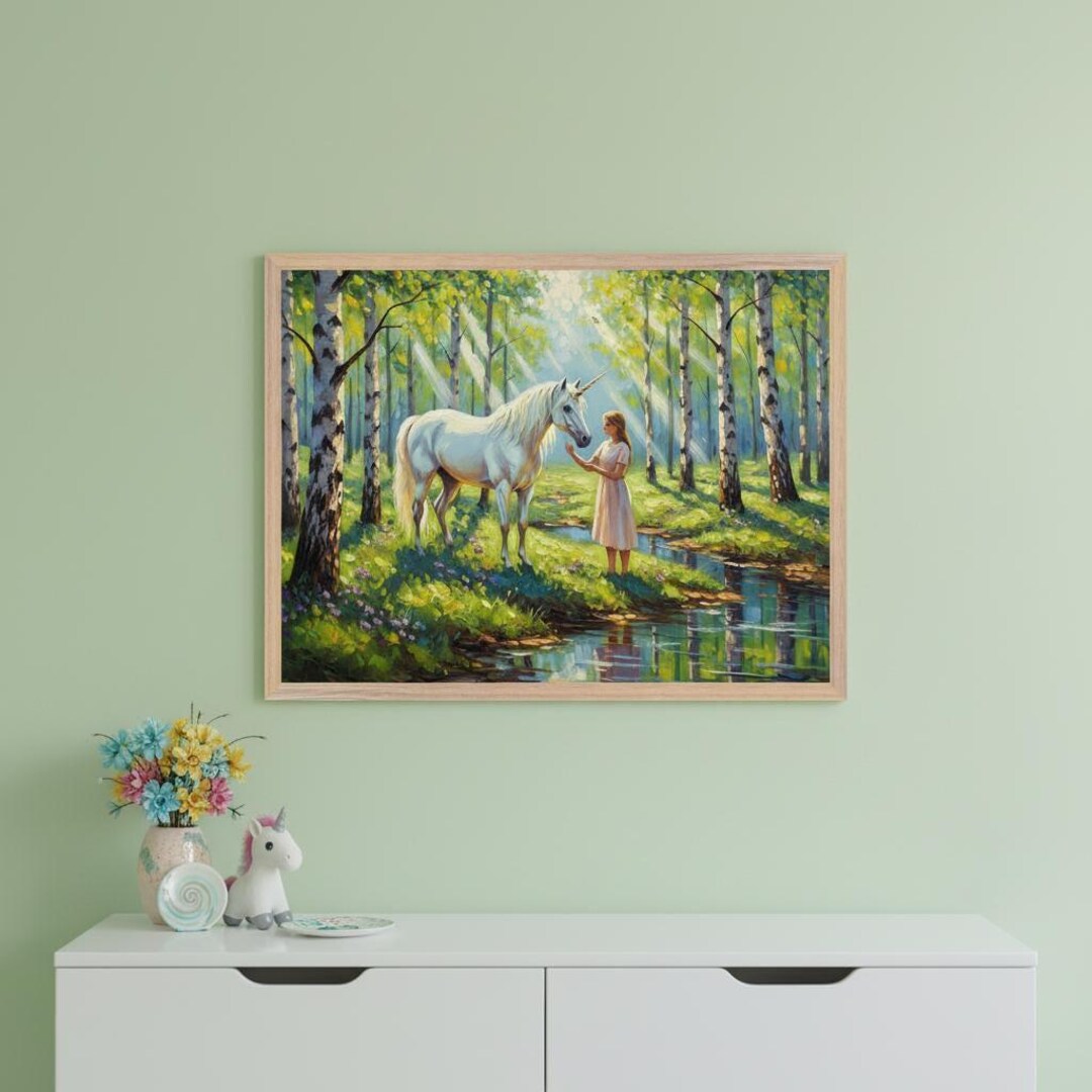 White Unicorn Enchanted Forest Wall Art, Magical Birch Woods Decor