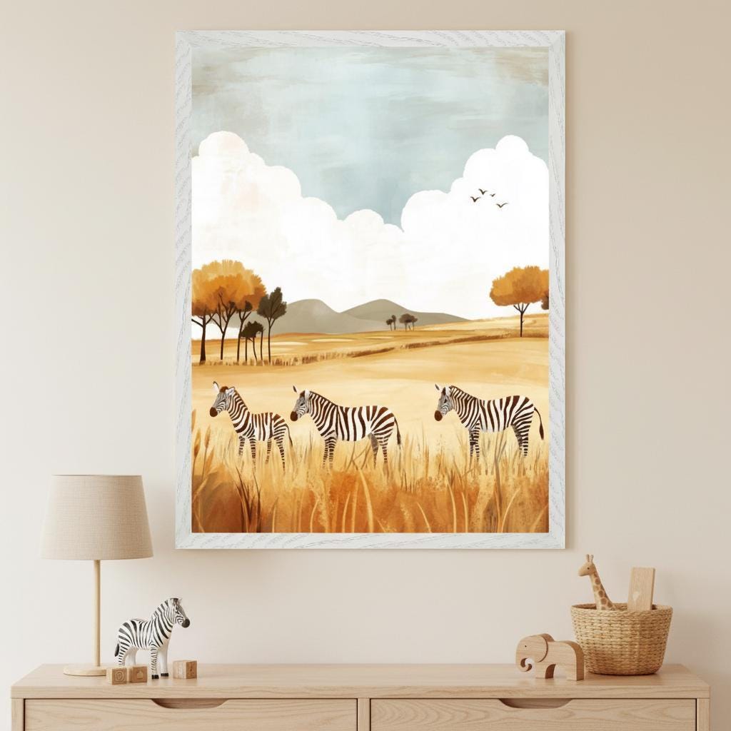 Zebra Savanna Nursery Wall Decor Art, African Safari Animal Print